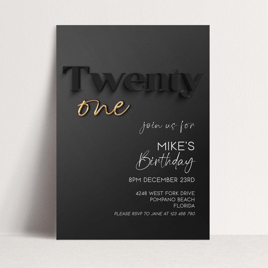 Editable 21st Birthday Invitation Black and Gold, Modern Twenty One Invite, Corjl Template, Elegant Birthday Party Invitation for Him BG78