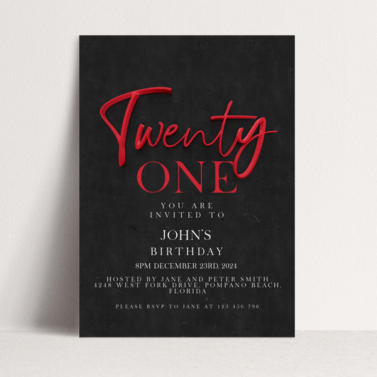 21st Birthday Invitation Red Black Theme, Elegant Party Invite for Her, Bold 21st Birthday, Adult Celebration Editable Template SE19